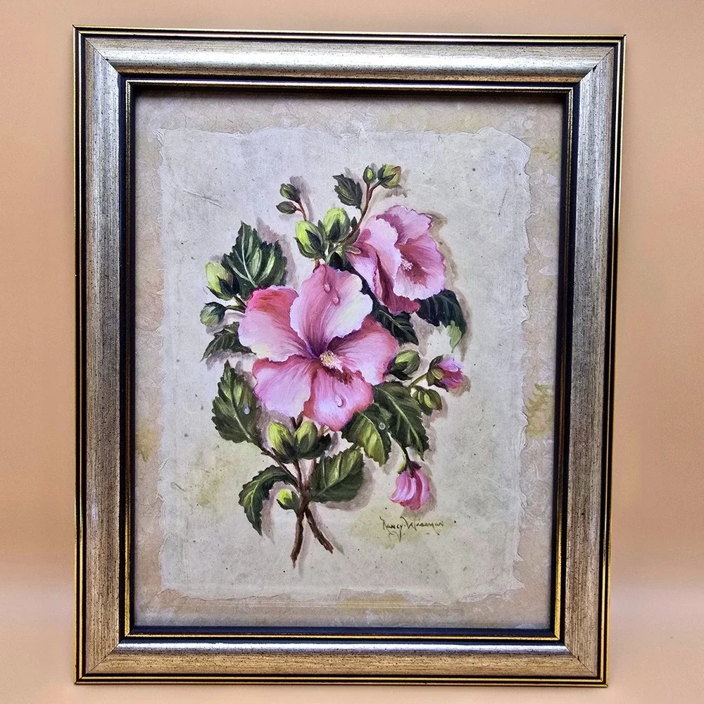 Nancy Wiseman Signed Floral Painting Pair Pink Hibiscus Peony Framed Art Set 2